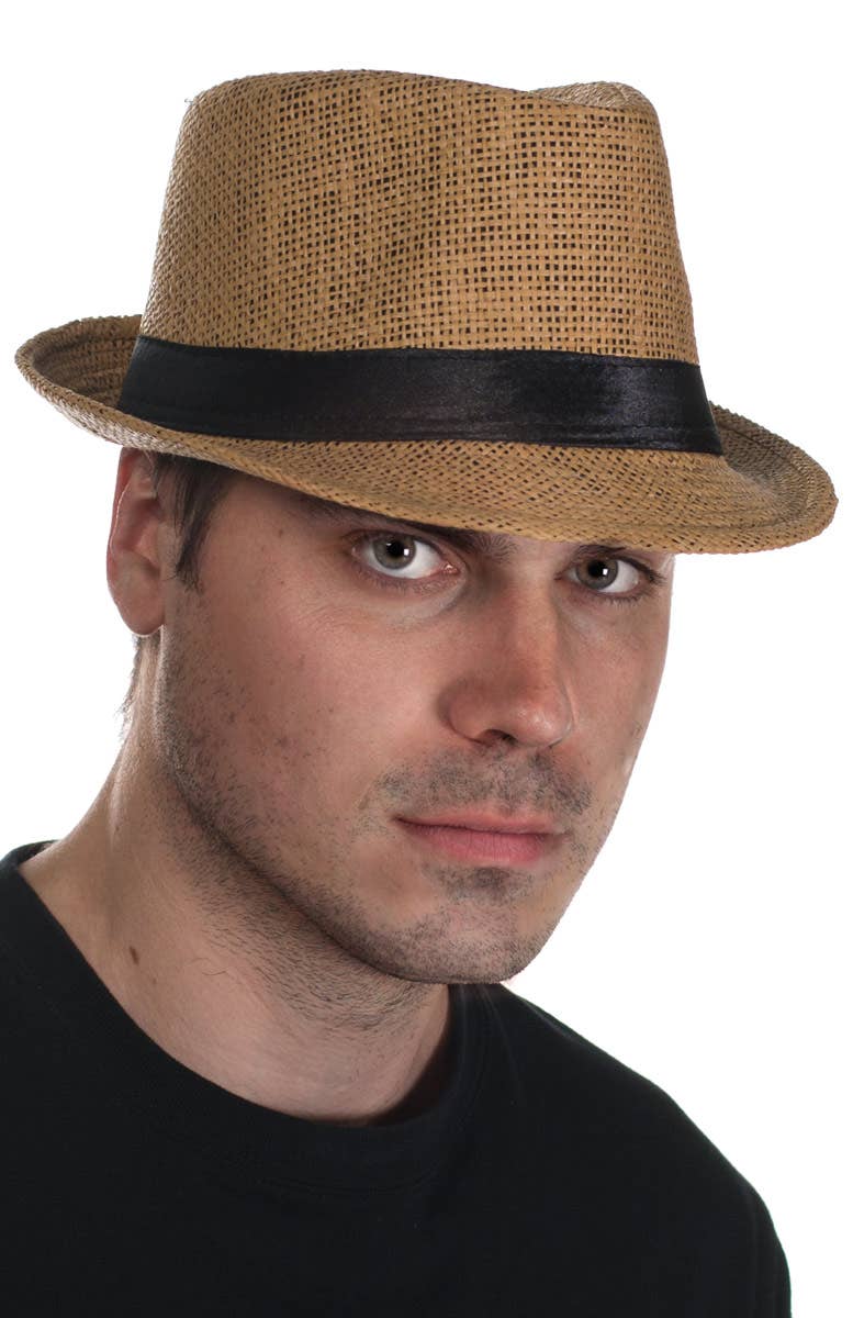 Tan Coloured Woven Straw Trilby Hat