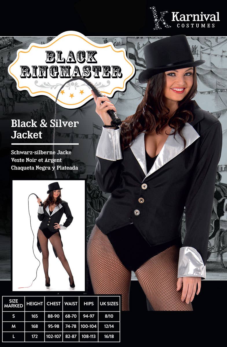Black and Silver Ringmaster Costume Jacket Packaging Image