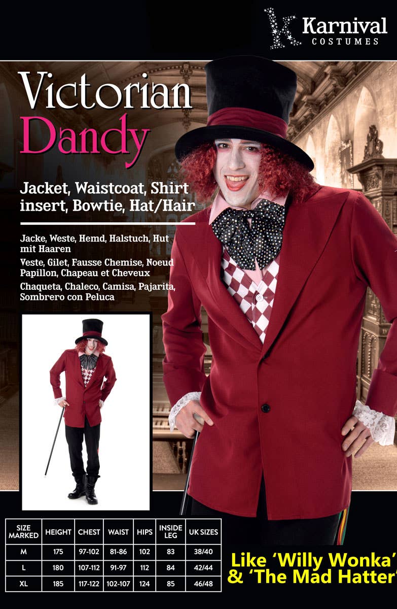 Burgundy Red Victorian Dandy Men's Willy Wonka Costume - Packaging Image