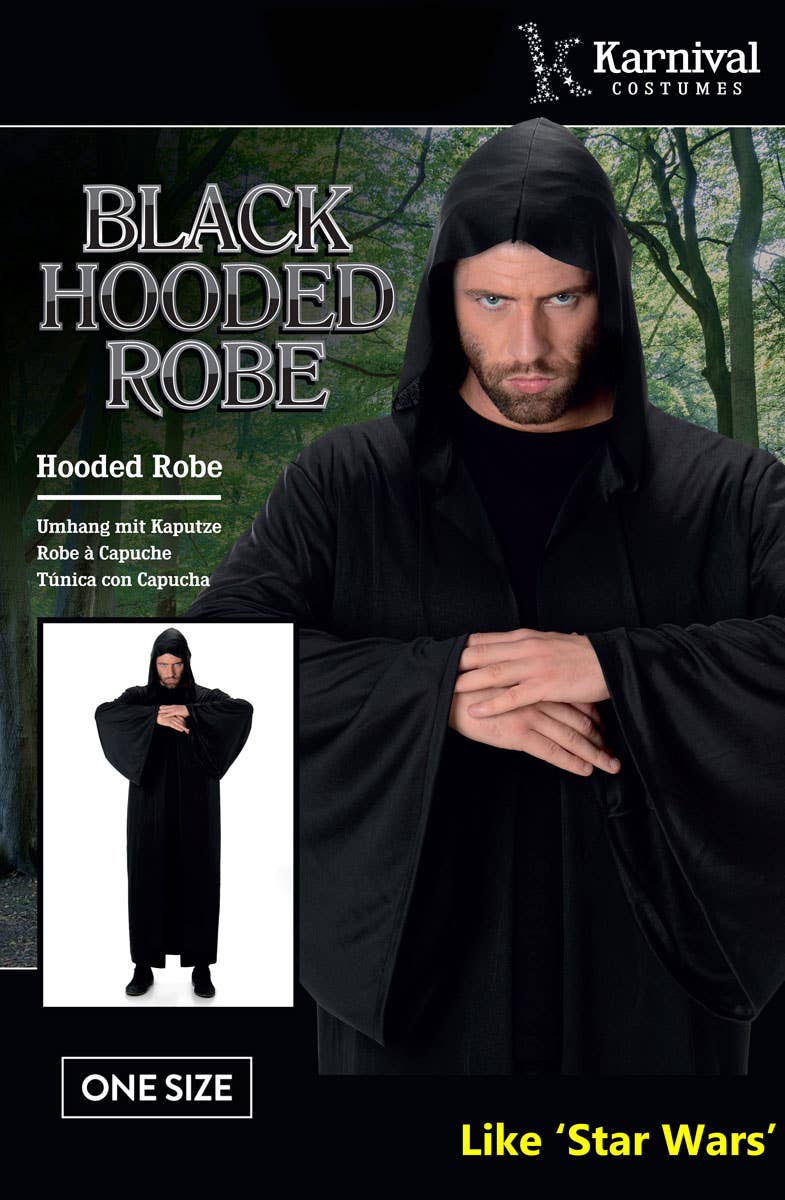 Men's Black Costume Robe with Hood Packaging Image