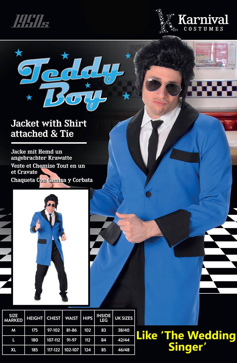 Blue and Black Teddy Boy Mens 1950s Buddy Holly Dress Up Costume - Packaging Image