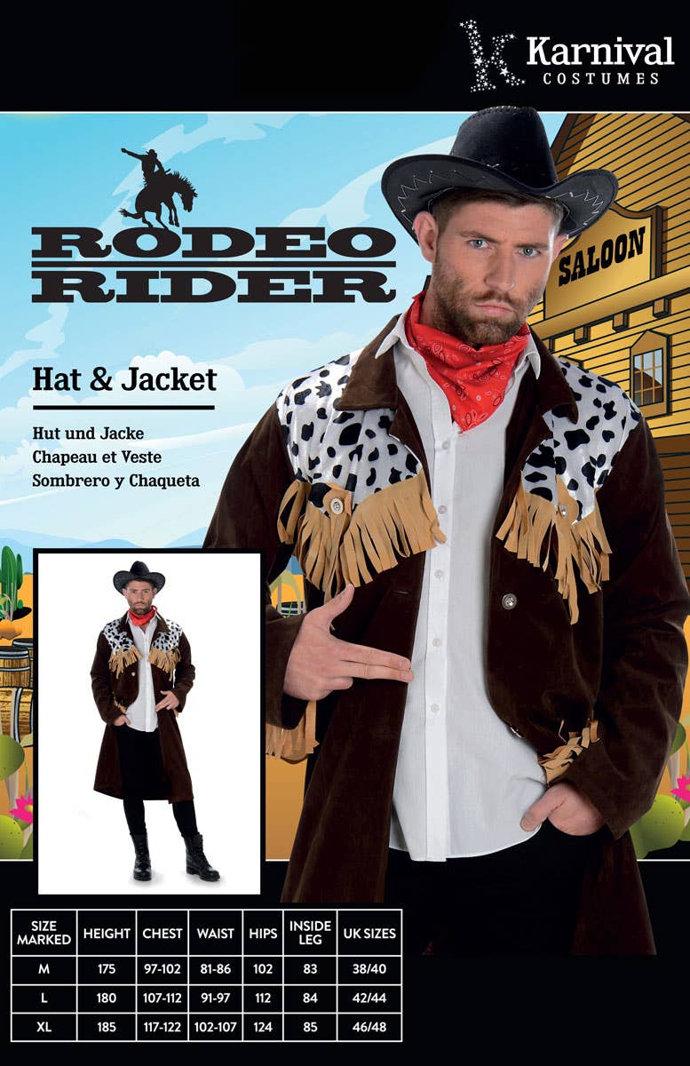 Mens Texan Rodeo Rider Long Brown Suede Cowboy Costume Jacket and Hat - Packaging Image