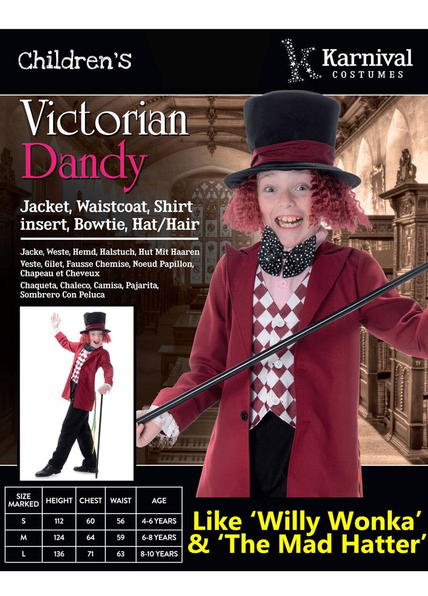 Deep Red Victorian Dandy Boy's Willy Wonka Costume - Packaging Image