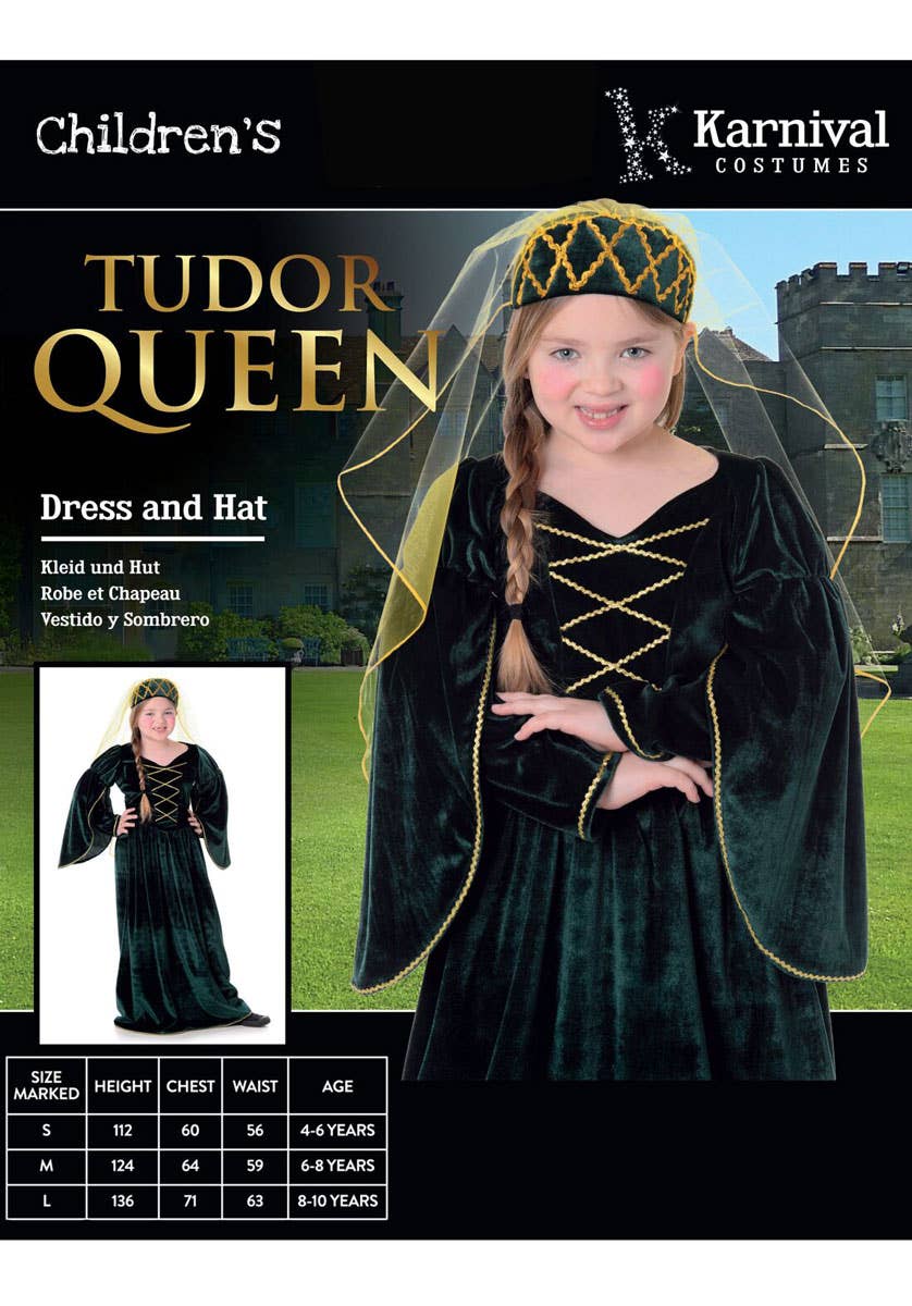 Green Velvet Tudor Queen Girl's Medieval Costume - Product Packaging Image