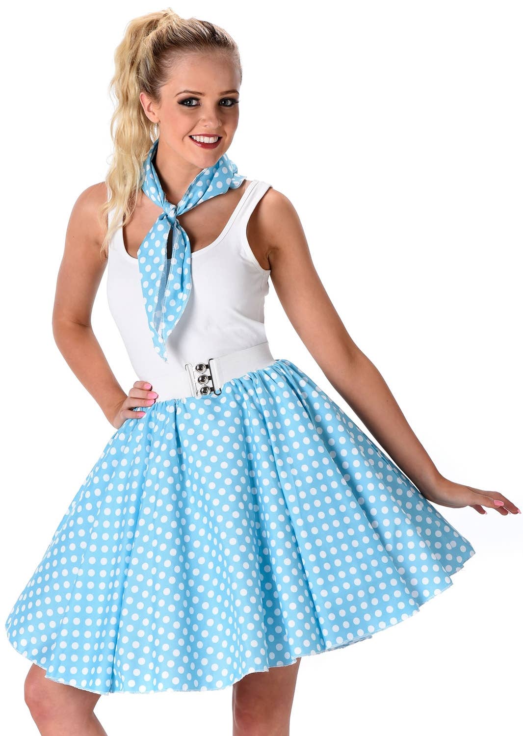 Womens Blue 50s Skirt with White Polka Dots - Close Image