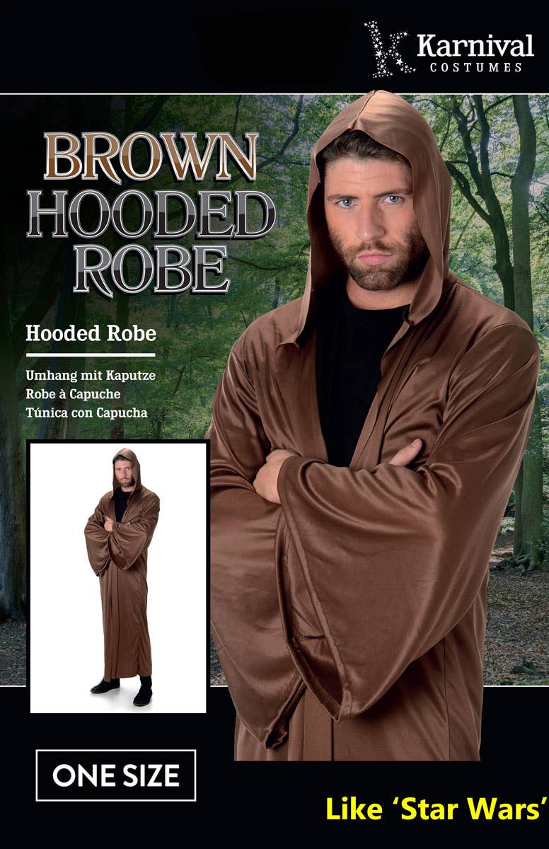 Men's Brown Hooded Fancy Dress Costume Robe Packaging Image