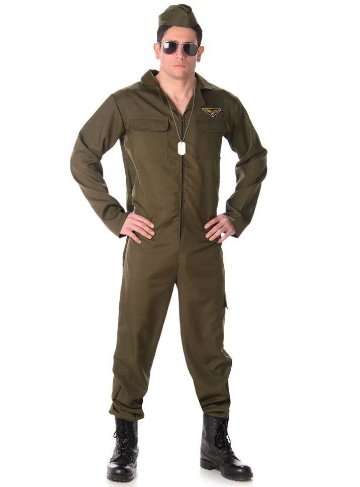 Fighter Pilot Top Gun Khaki Jumpsuit Flight Uniform 80s Mens Costume Alternate Image 2