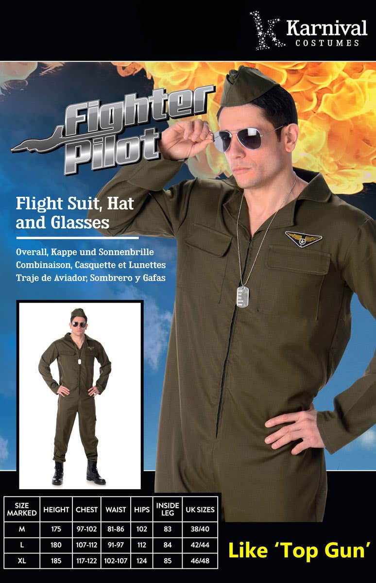 Fighter Pilot Top Gun Khaki Jumpsuit Flight Uniform 80s Mens Packaging Image