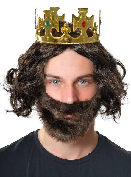 Brown Knight Royal Wig, Beard and Crown Costume Accessory Image