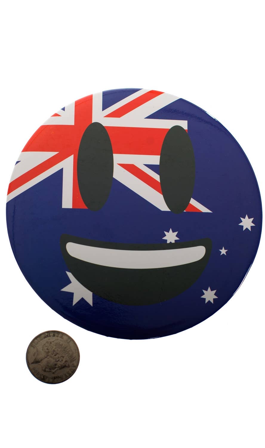 Novelty Jumbo Aussie Flag Smile Face Emoji Pin On Badge Australia Day Merchandise - Main Image