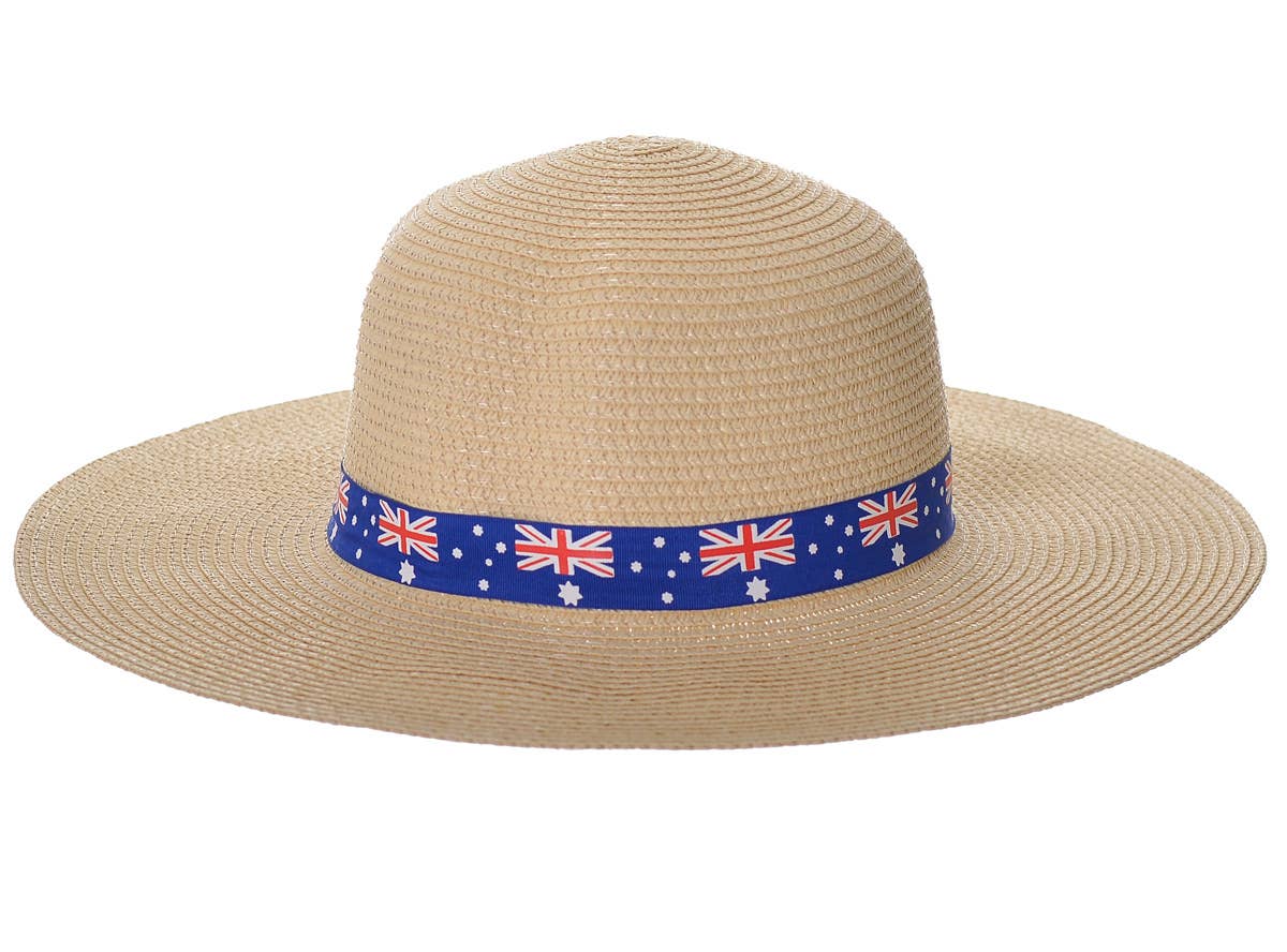 Wide Brimmed Straw Hat with Australian Flags on Hat Band - Close Up Image