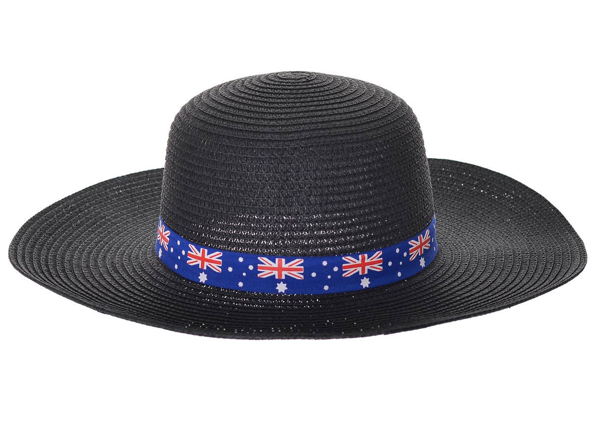 Wide Brimmed Black Straw Hat with Australian Flags on Hat Band Close Up  Image