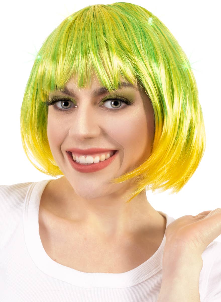 Yellow and Green Womens Light Up Bob Wig