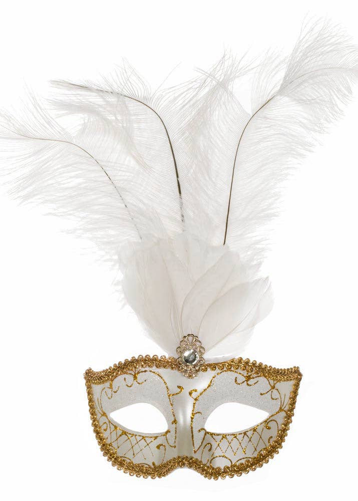 White and Gold Masquerade Mask with Tall White Feathers - Alternate Image