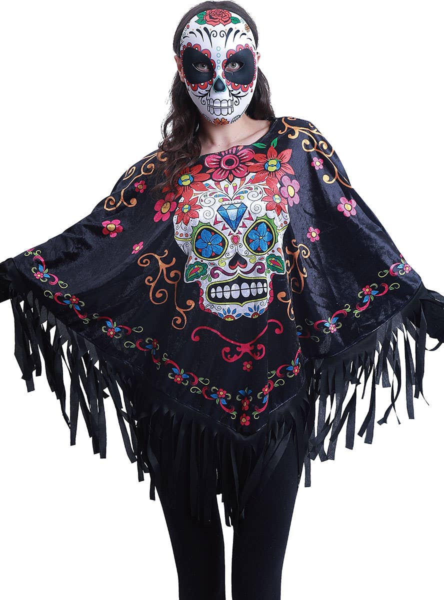 Image of Sugar Skull Print Women's Halloween Costume Poncho - Close Front Image