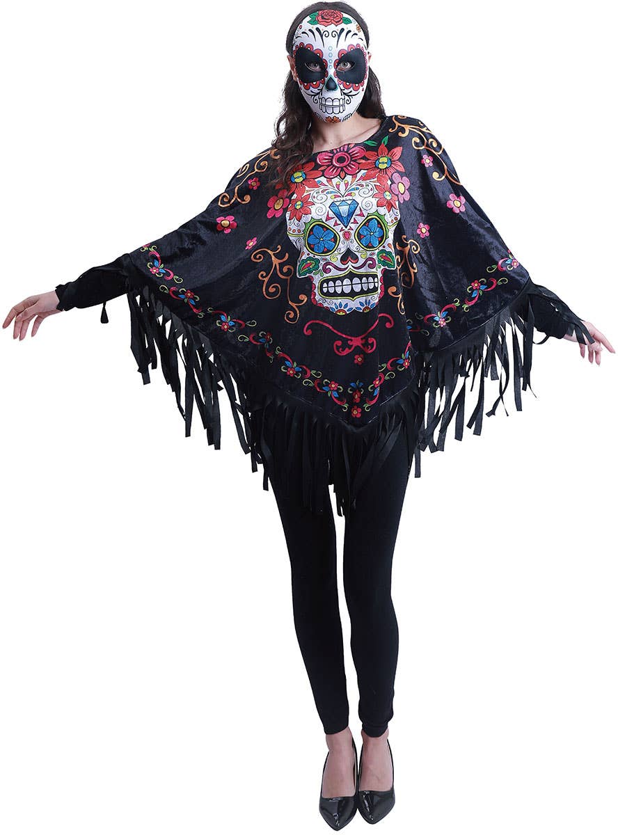 Image of Sugar Skull Print Women's Halloween Costume Poncho - Front Image