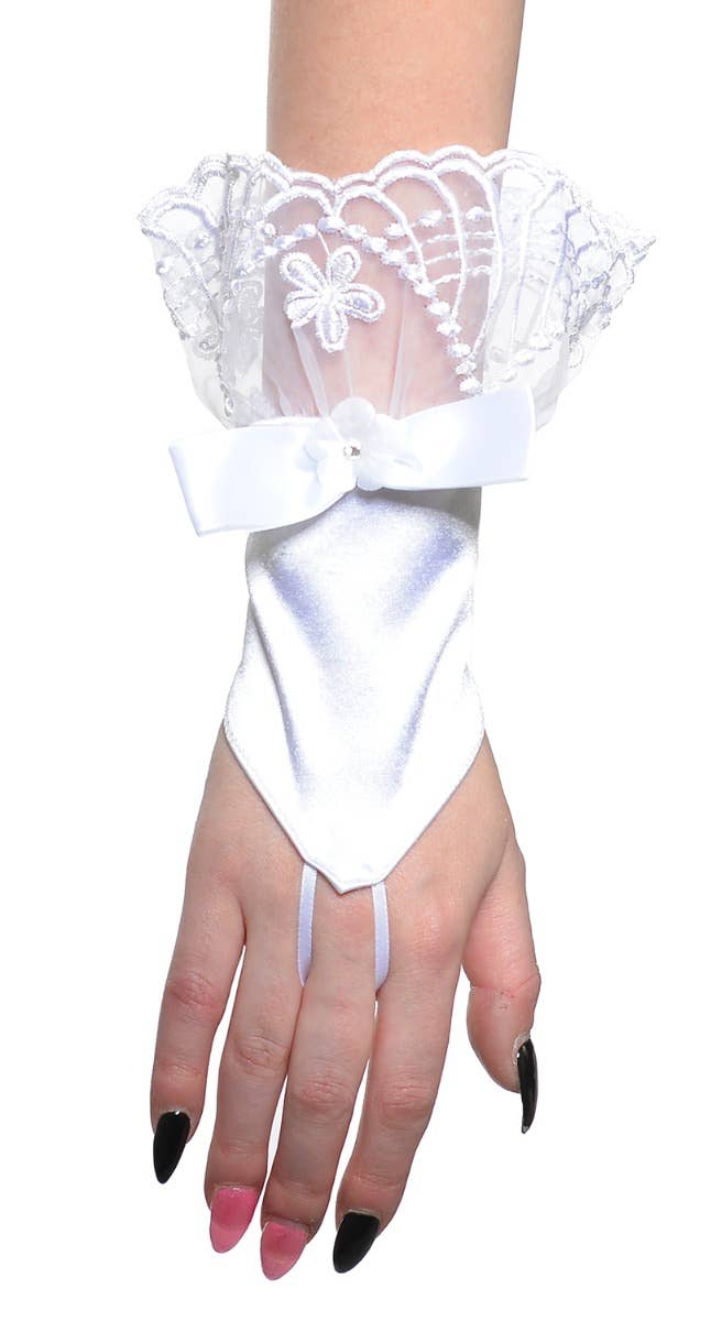 Women's White Satin Fingerless Costume Gloves With Decorative Lace Trim