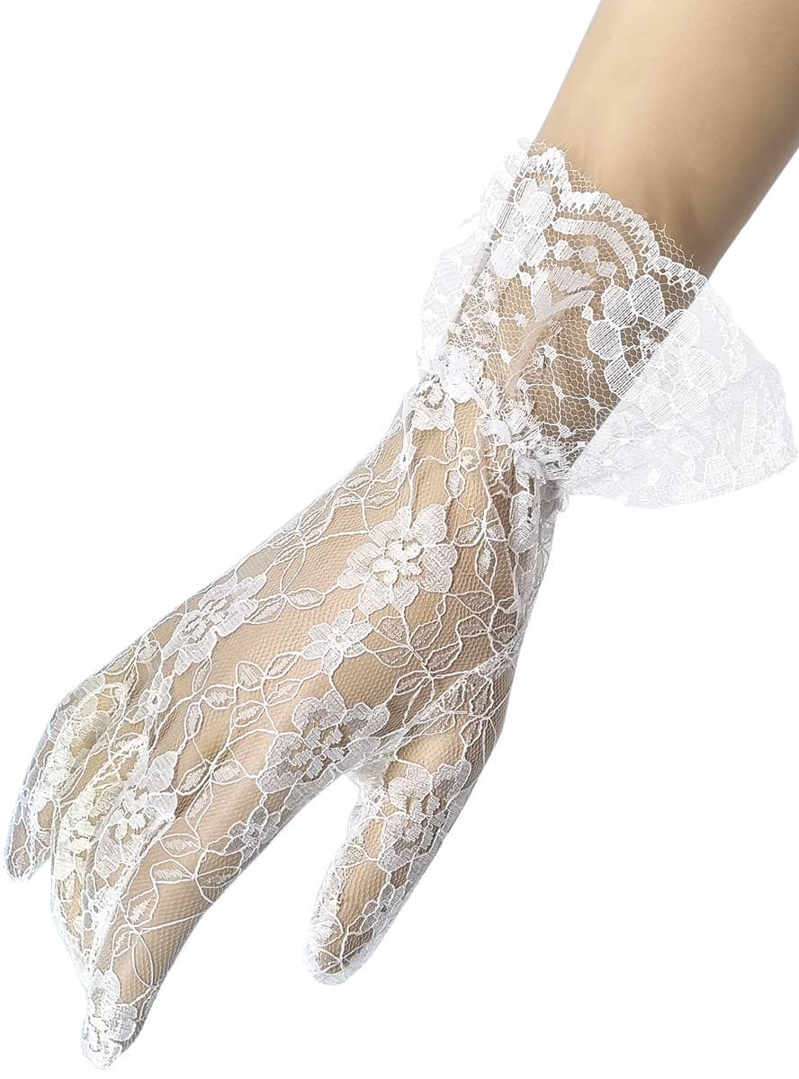 Image of Ruffled White Lace Fingerless Costume Gloves - Alternate