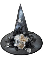 Image of Deluxe Silver and Black Witch Hat with Skull and Flowers