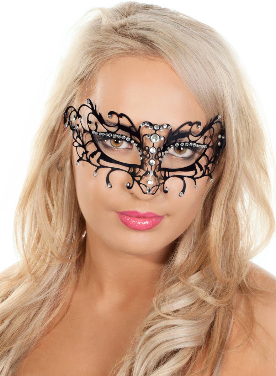 Image of Women's Black Delicate Antique Metal Masquerade Mask With Rhinestones 