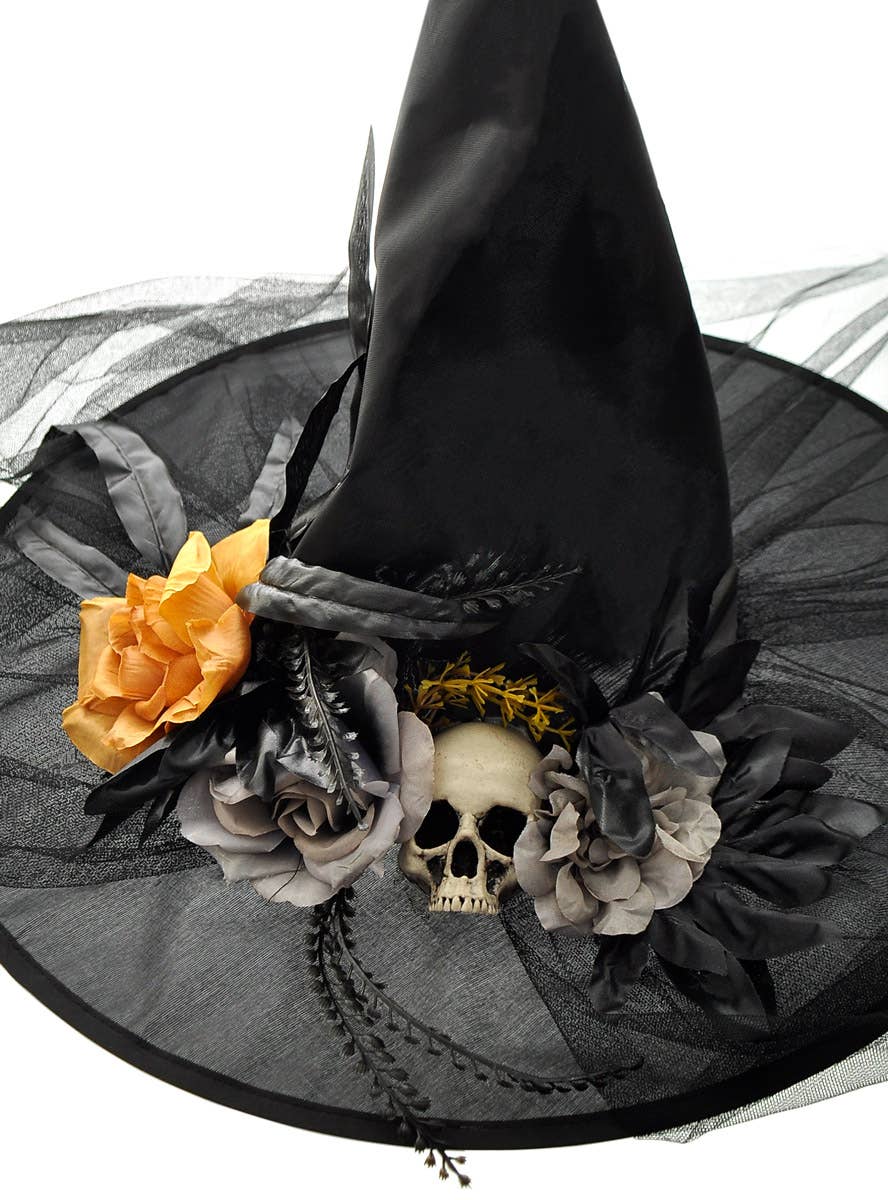 Image of Deluxe Black Veiled Witch Hat with Skull and Flowers - Close Image