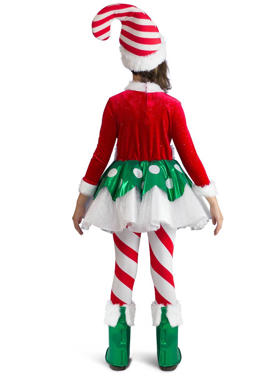 Image of Candy Cane Elf Princess Girl's Deluxe Christmas Costume - Back View