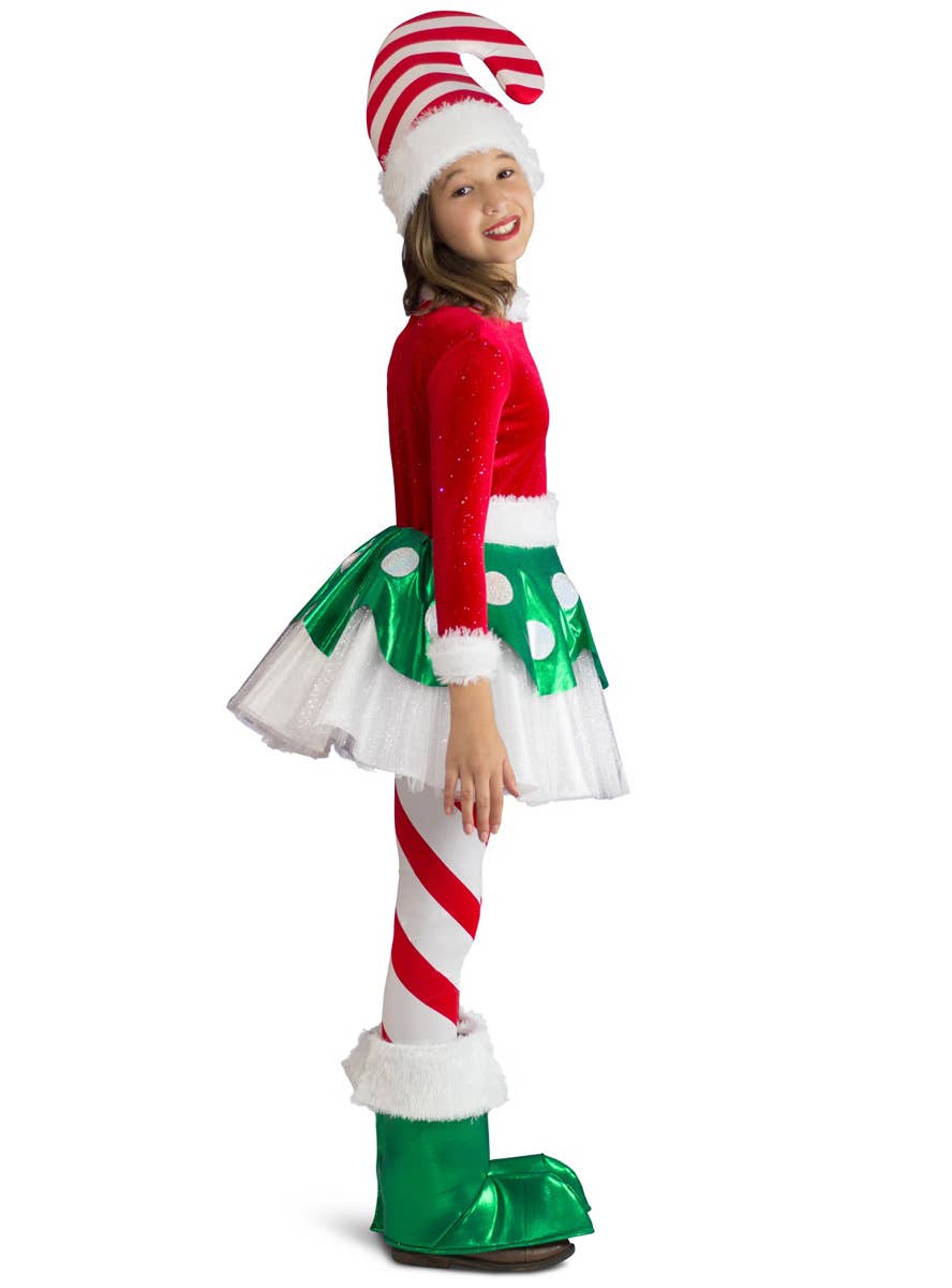 Image of Candy Cane Elf Princess Girl's Deluxe Christmas Costume - Side View