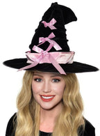 Plush Black Velvet Crooked Witch Hat with Pink Satin Bows - Main View