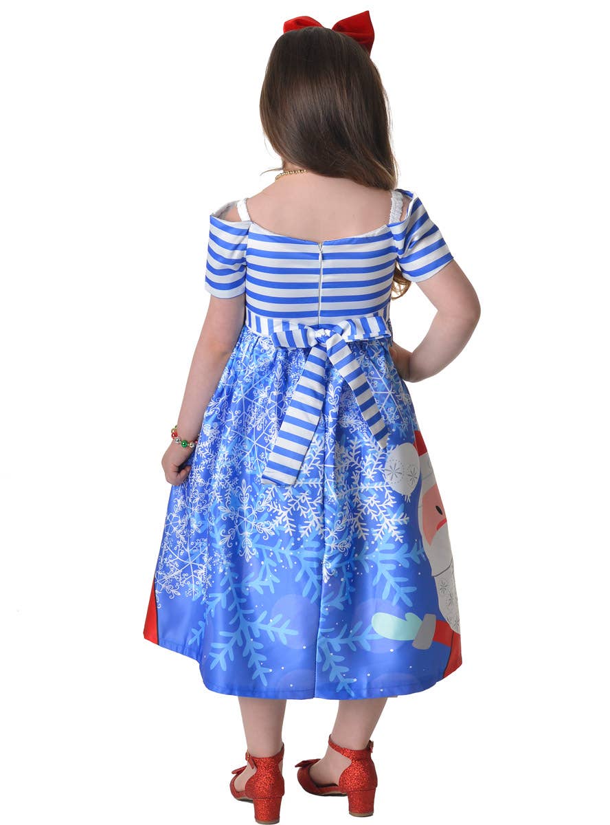 Image of Deluxe Girl's Blue Winter Christmas Dress - Back View