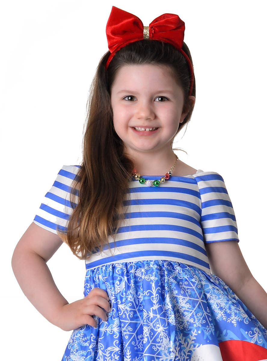 Image of Deluxe Girl's Blue Winter Christmas Dress - Close Front View