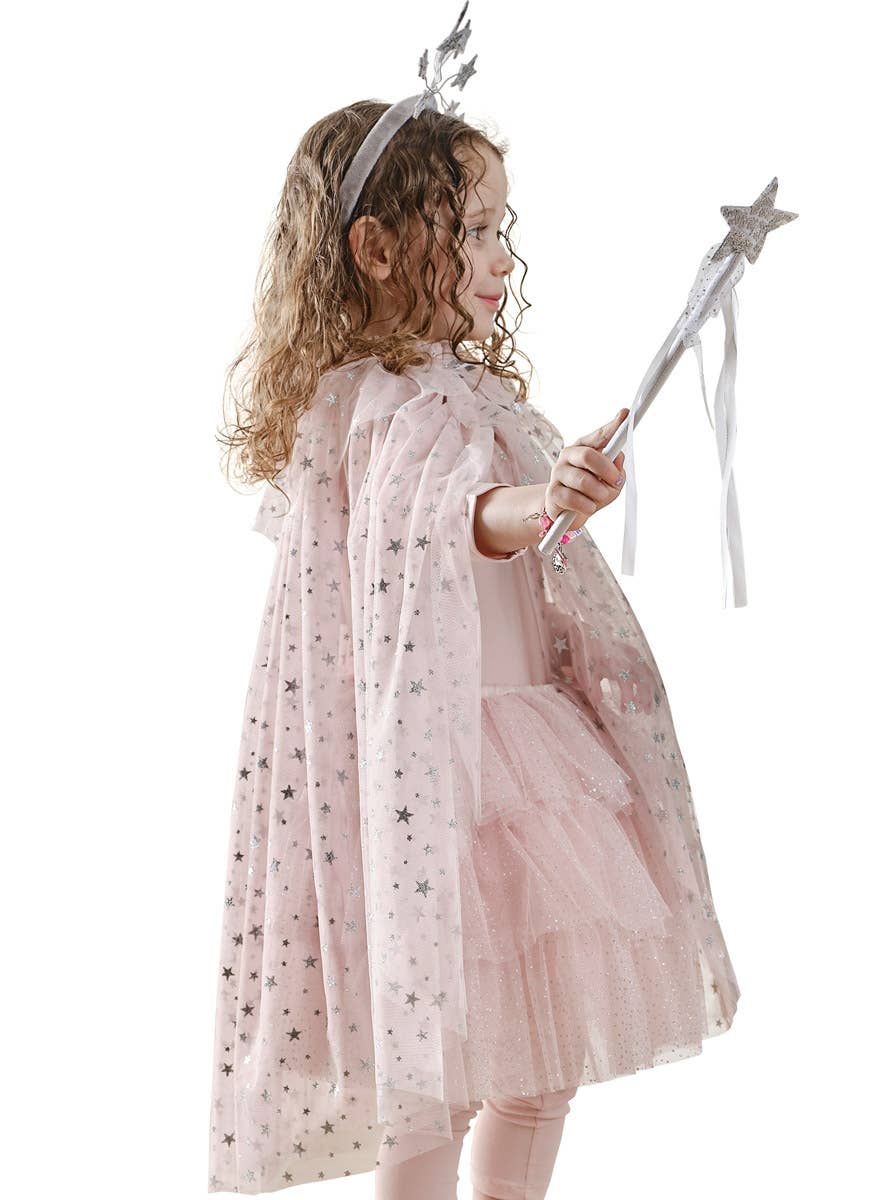 Image of Magical Starry Blush Pink Girls Deluxe Cape - Side Image