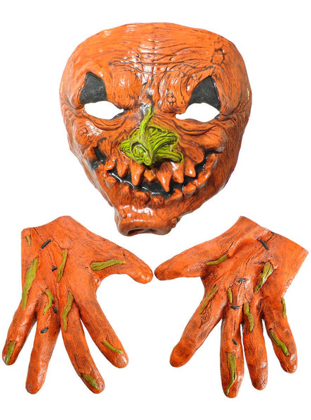 Image of Evil Orange Pumpkin Latex Mask and Hands Set - Main Image