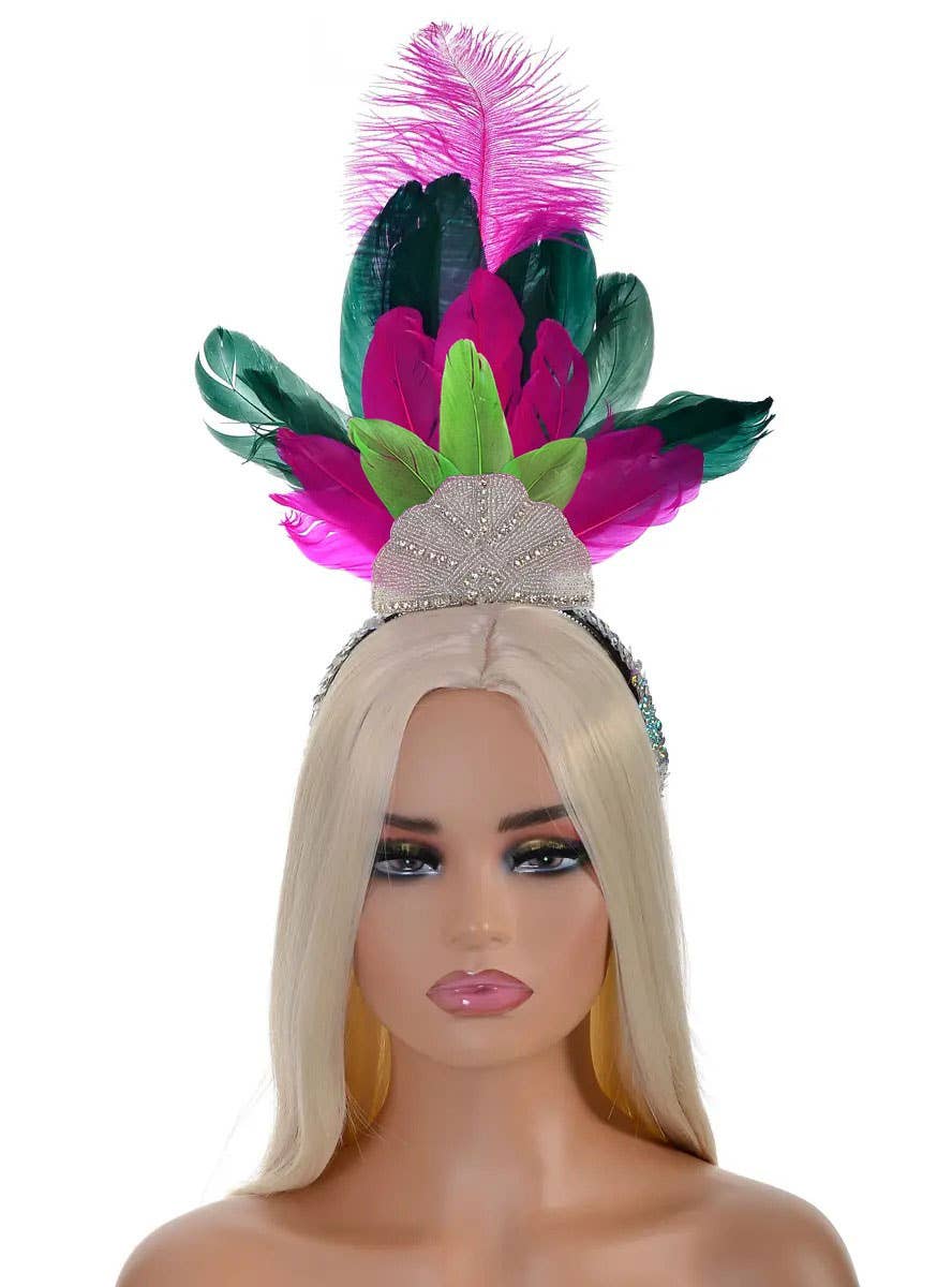 Image of Sparkly Pink and Green Feather Showgirl Costume Headpiece