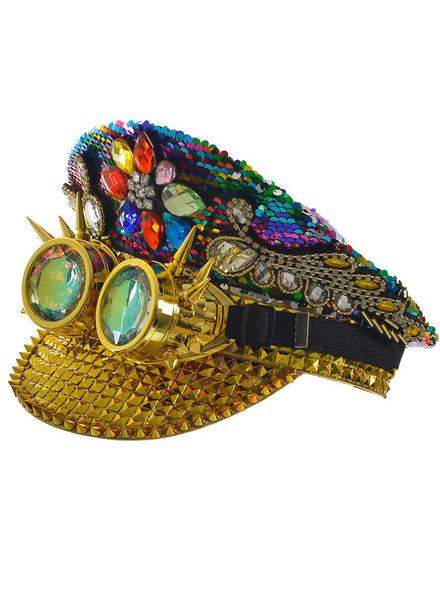 Image of Deluxe Rainbow Festival Hat with Gold Holographic Goggles - Main Image