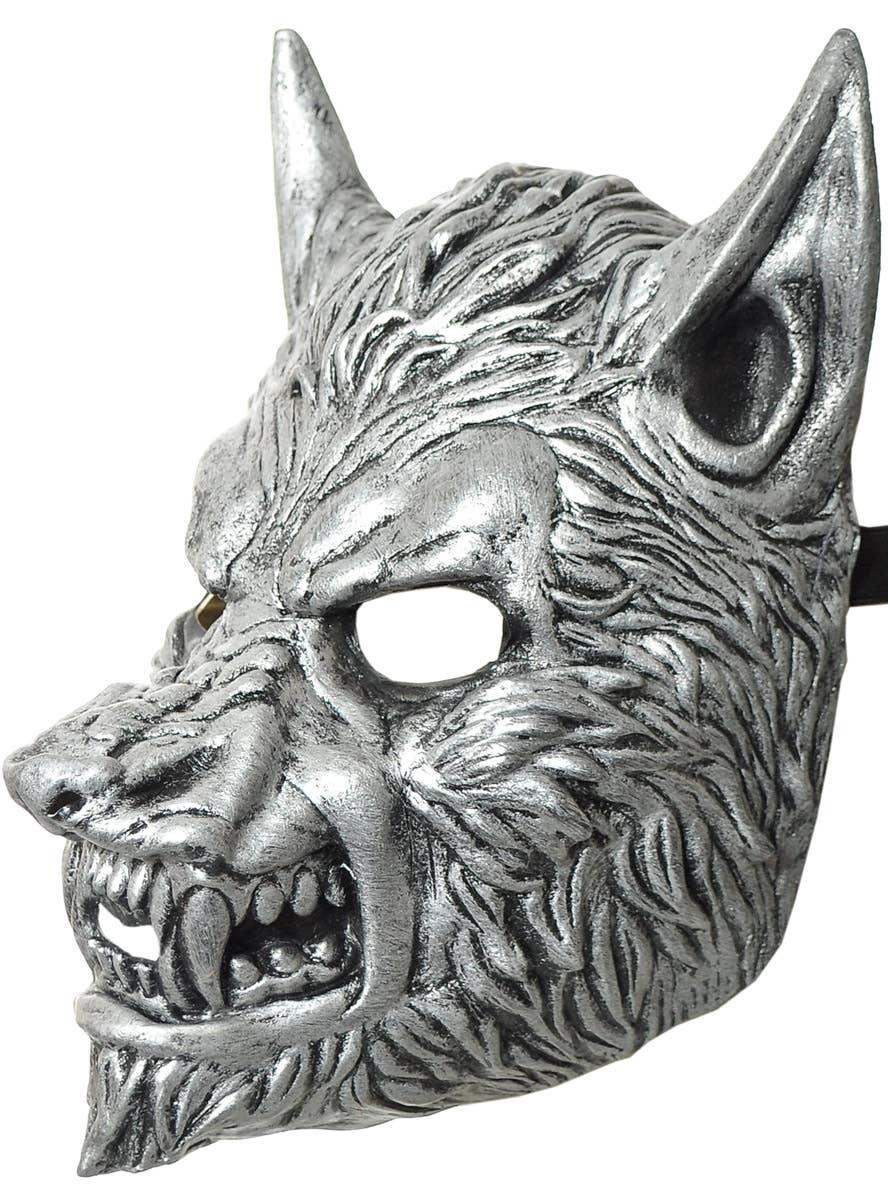 Image of Deluxe Silver Snarling Wolf Latex Halloween Mask - Side Image