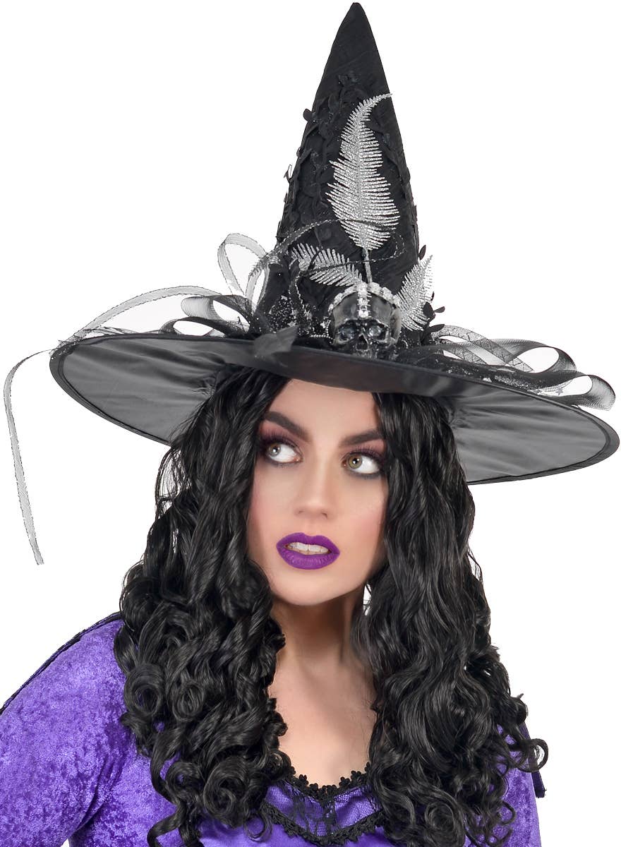 Black Witch Hat with Star Mesh, Ribbons and Skull - Alternate Image 1