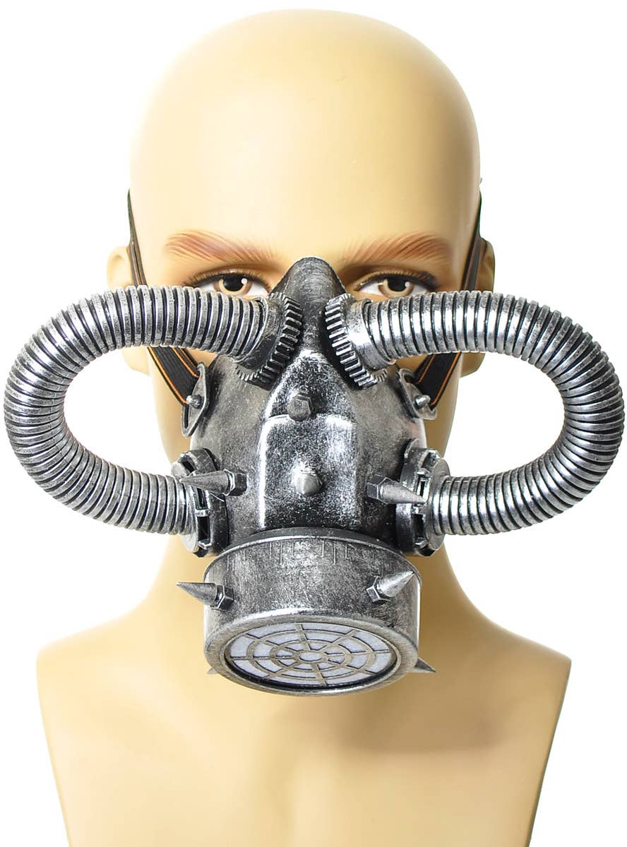 Image of Deluxe Silver Steampunk Gas Mask with Tubes - Alternate Image 2