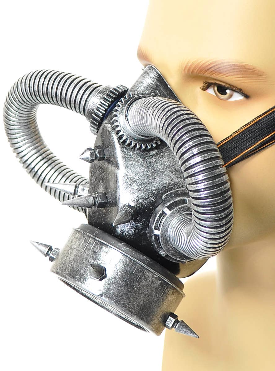 Image of Deluxe Silver Steampunk Gas Mask with Tubes - Alternate Image 1