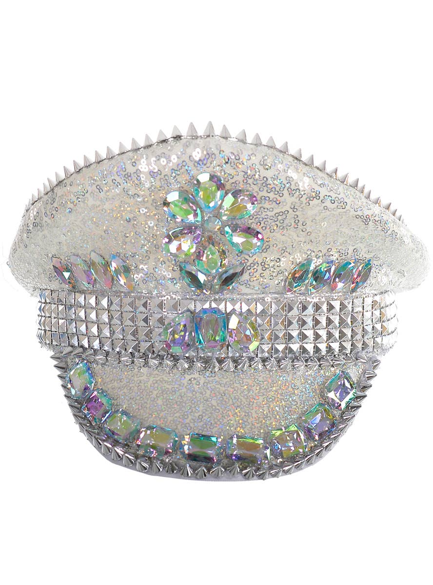 Image of Dazzling Deluxe Silver Sequin Festival Hat with Jewels - Main Image