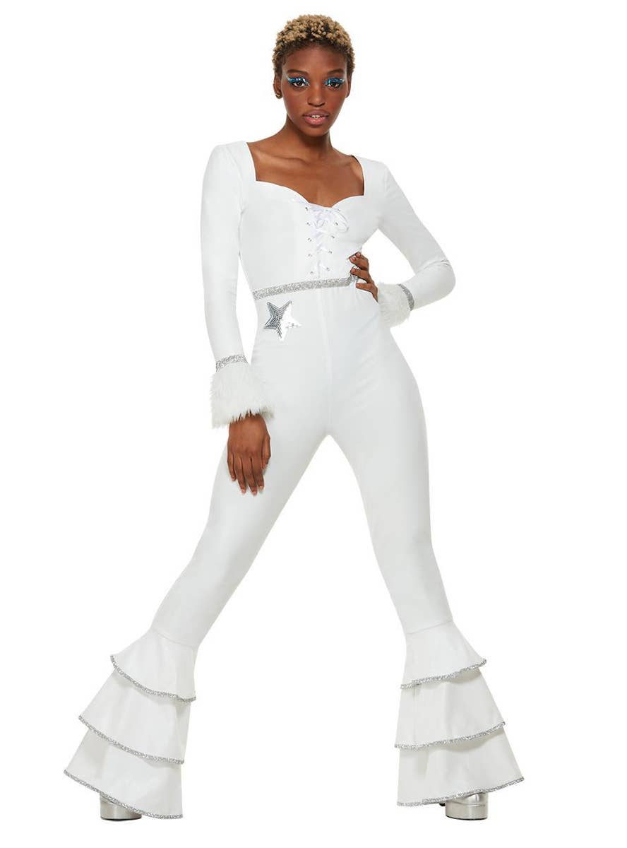 Womens Flared White 1970s Disco Jumpsuit Costume - Alternate Image