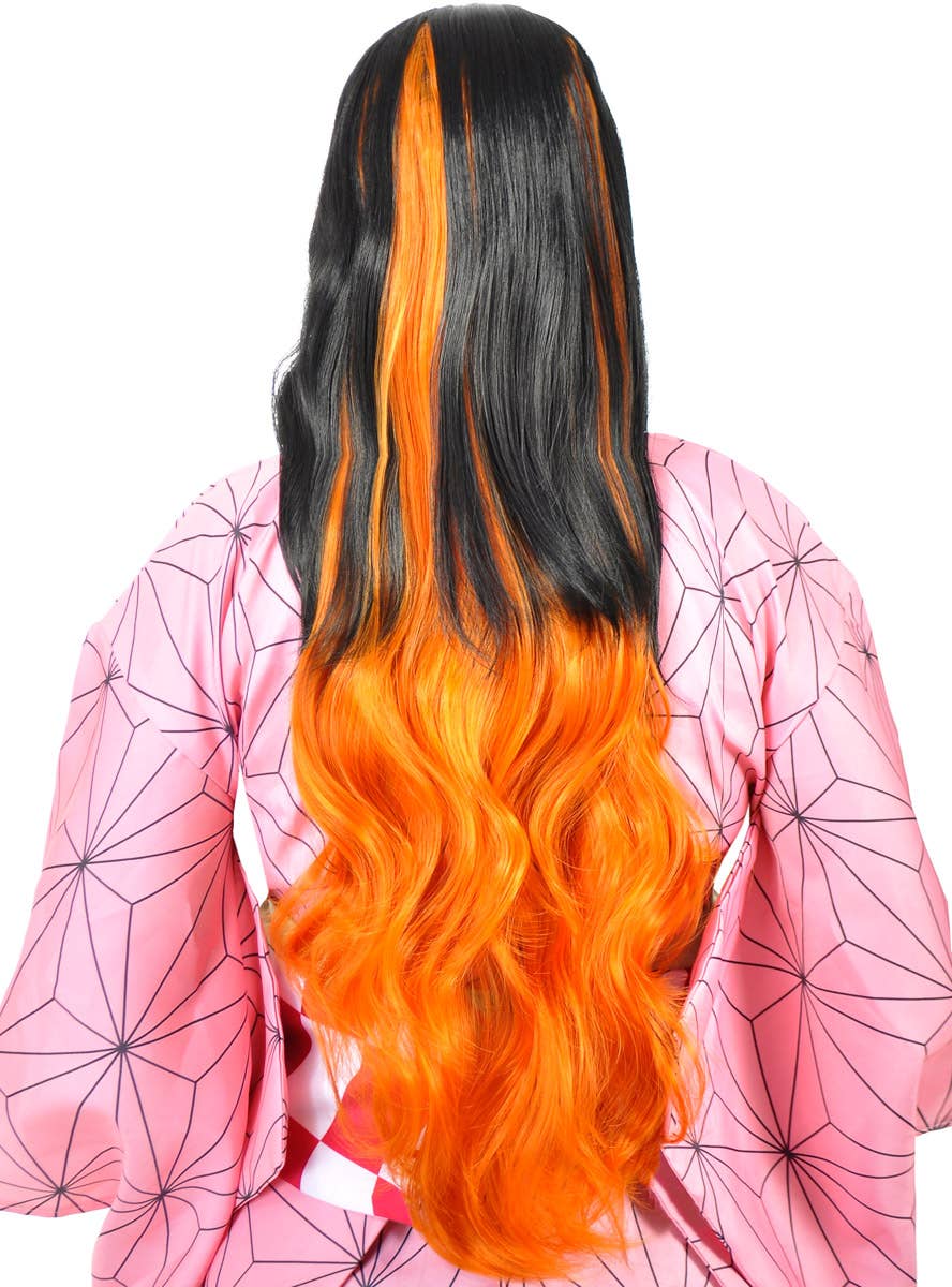 Image of Long Black and Orange Nezuko Women's Cosplay Wig - Back View