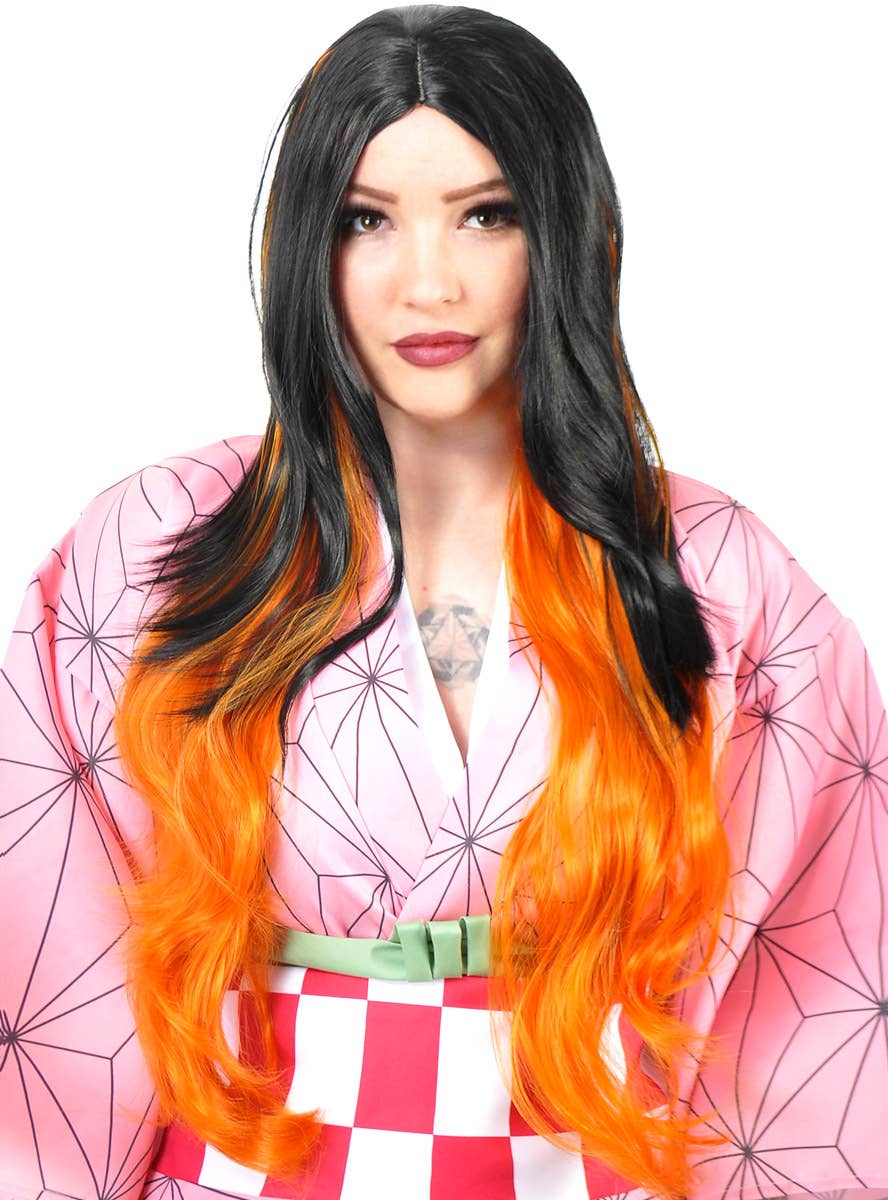 Image of Long Black and Orange Nezuko Women's Cosplay Wig - Front View