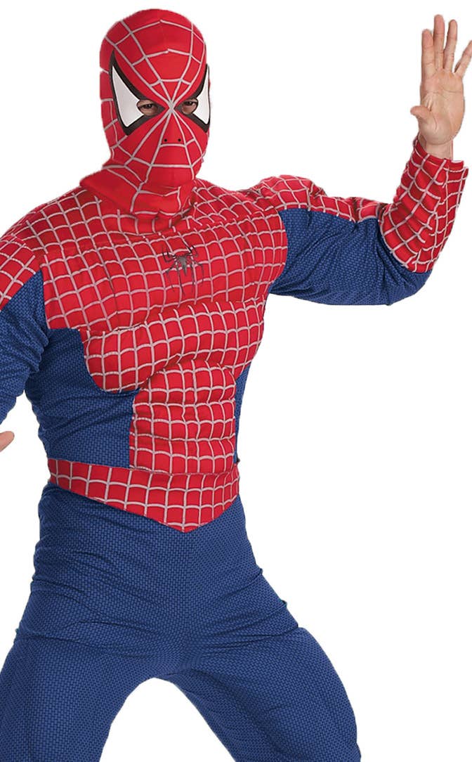 Men's Blue And Red Spiderman Muscle Chest Superhero Fancy Dress Costume Close Up Image