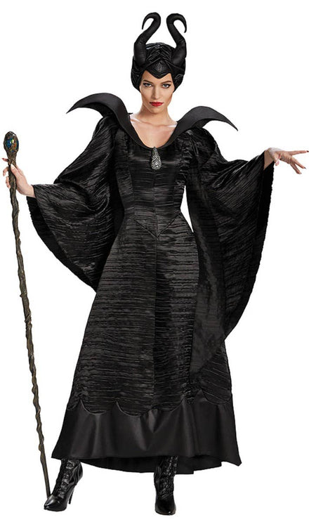 Women's Satin Black Maleficent Halloween Evil Queen Fancy Dress Costume Main Image