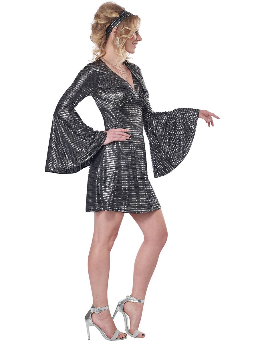 Silver Holographic 70's Disco Dance Queen Women's Costume - Side Image