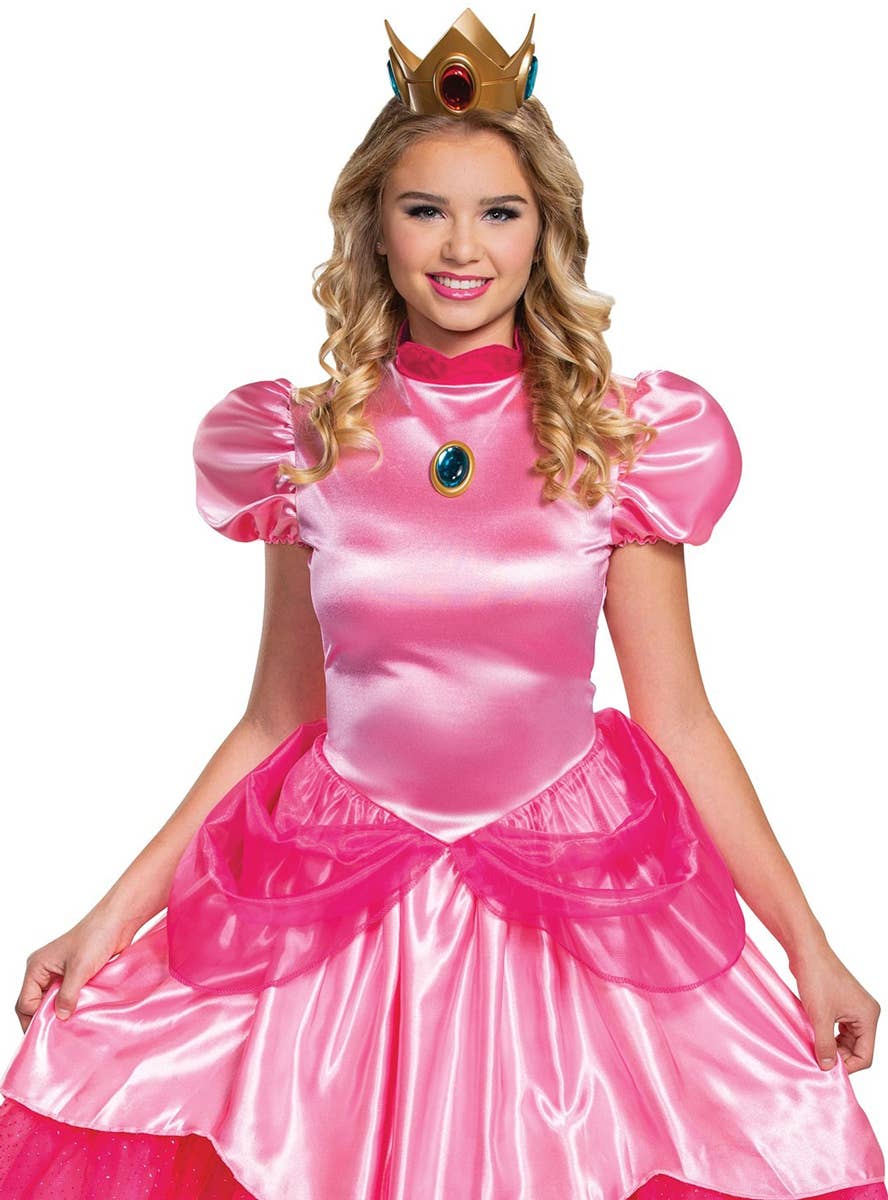 Deluxe Pink Satin Princess Peach Super Mario Costume for Plus Size Women - Close Up View