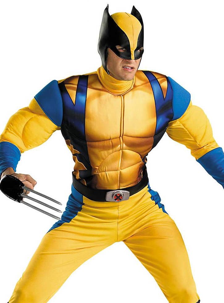 Wolverine Yellow and Blue Muscle Chest Mens Fancy Dress Costume Close Up Image