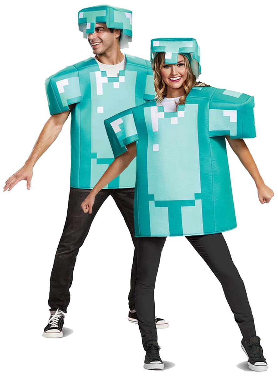 Adult's Deluxe Blue and Teal Pixel Diamond Armour Minecraft Costume - Unisex View