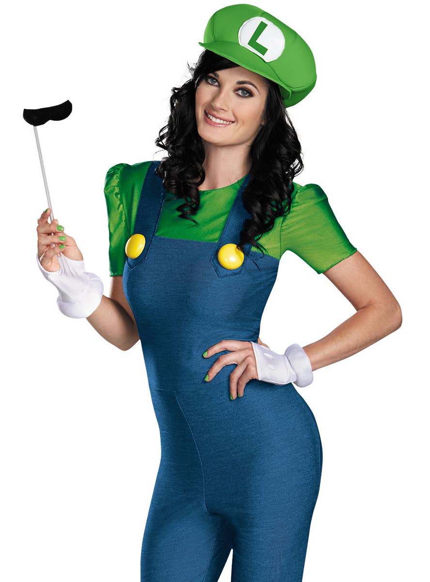 Deluxe Plus Size Women's Luigi Super Mario Costume - Close Up Image