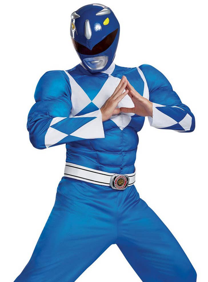 Men's Plus Size Classic Blue Muscle Chest Power Ranger Costume - Close Up Image